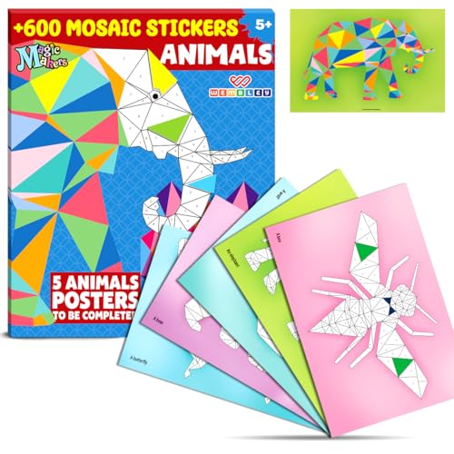 Wembley Animal Mosaic Stickers Art for Kids 5 6 7 8+ Mess-Free DIY Activity Craft with 5 Posters & 6