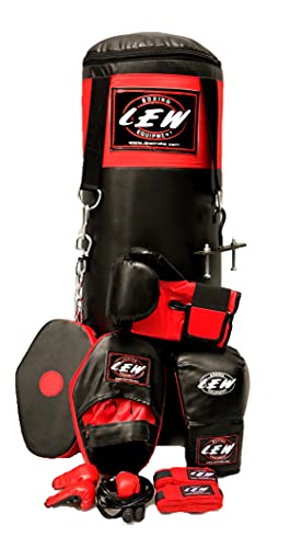 LEW Punching Bag 10 Piece Boxing Set filled with Heavy Bag Gloves Ceiling Hook Chains Hand Wraps Tra