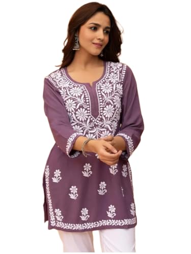 Image of StyleScope Womens Rayon Floral Embroidered Short Kurti (Kurti Angel Purple_XXL_Purple_XX-Large)